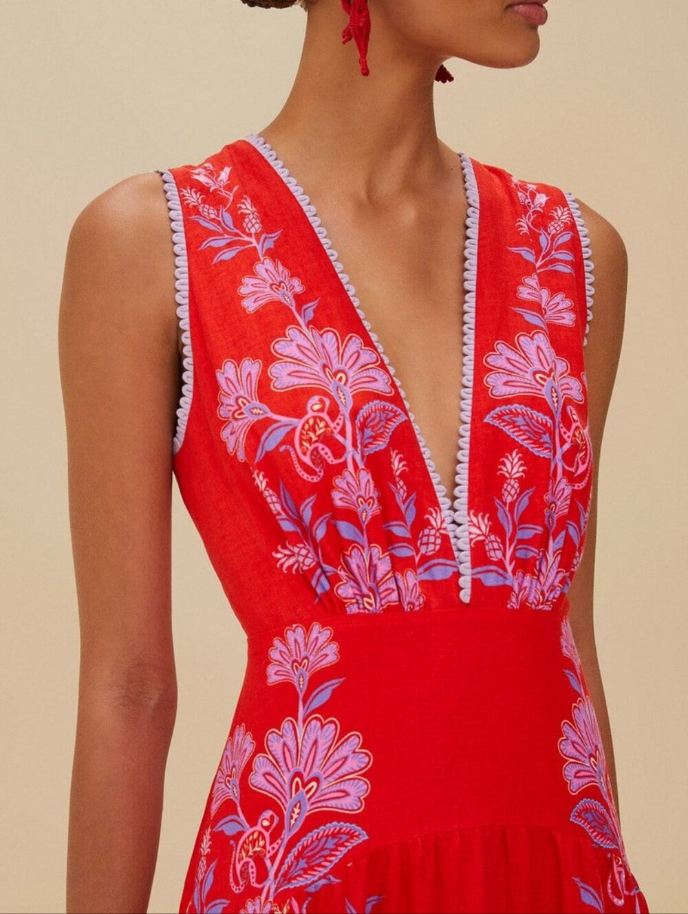 FARM RIO NWT Red Porcelain Garden Linen Midi Dress Medium - Picture 2 of 12